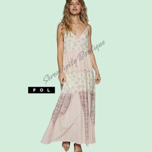 POL Pink & Patches Floral & Plaid Tiered Oversize Cotton Cami Strap Maxi Dress